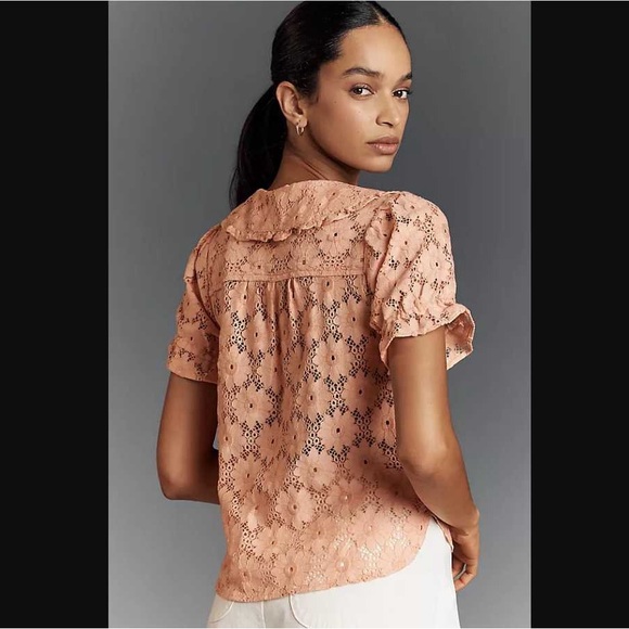 Pilcro Keira Lace Blouse by Anthropologie Womens Coral Collar Puff Sleeve Top XS - Picture 12 of 17